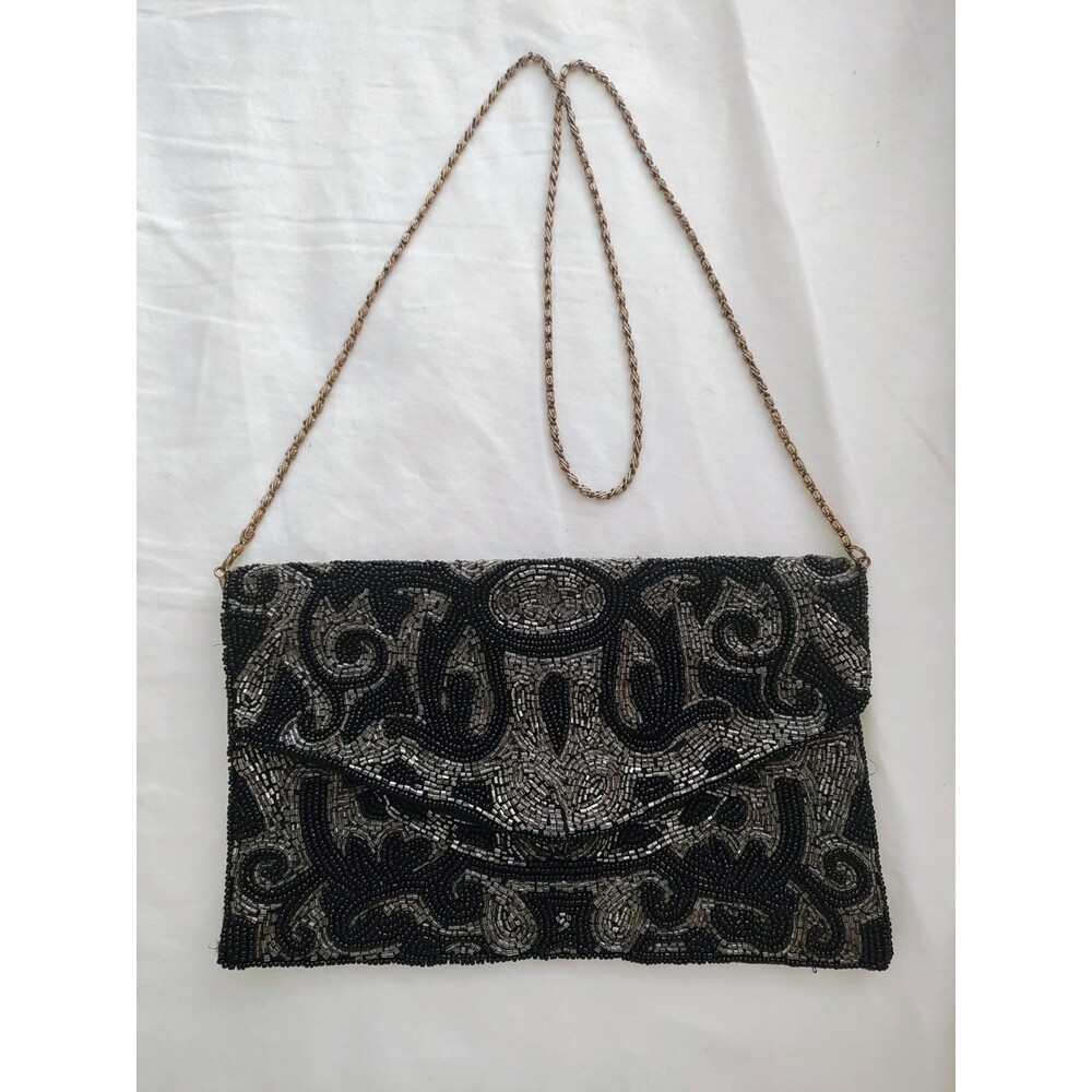 Black & Silver Hand Beaded Evening Clutch Bag Chain Strap Vintage Style - Picture 4 of 9